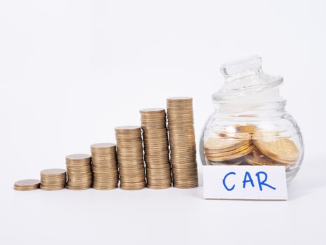 money concept.save money in glass money jar with car label. photo
