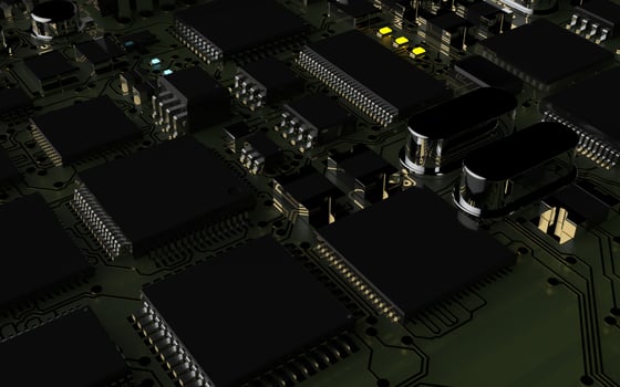 processor chip on a printed circuit board in red backlight. 3d illustration on the topic of technology and the power of artificial intelligence. photo