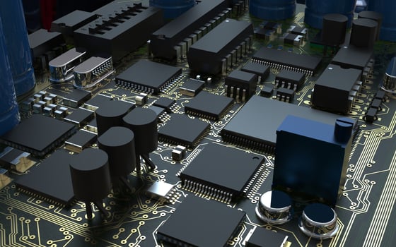 processor chip on a printed circuit board in red backlight. 3d illustration on the topic of technology and the power of artificial intelligence. photo
