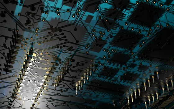 processor chip on a printed circuit board in red backlight. 3d illustration on the topic of technology and the power of artificial intelligence. photo
