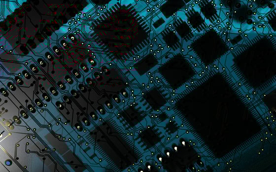 processor chip on a printed circuit board in red backlight. 3d illustration on the topic of technology and the power of artificial intelligence. photo