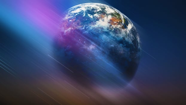 global satellite system. Communication satellite on futuristic space background photo
