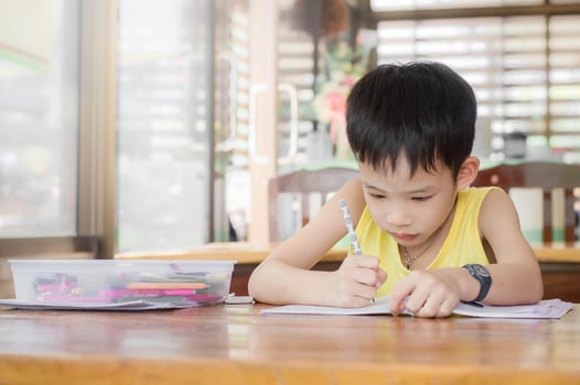 Little boy doing homework for school on the desk at home photo