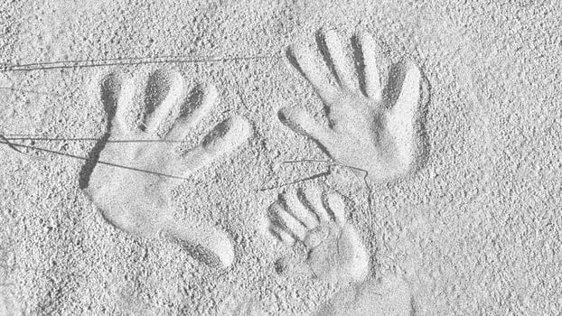 handprints in the sand on the beach of the Baltic Sea in black and white photo