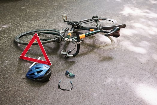 No people. Place of hit. Bicycle accident on the road in forest at daytime photo