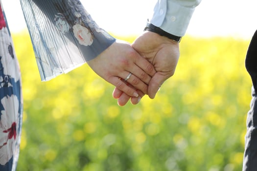 couple in love hold hands in green field in summer. close up photo