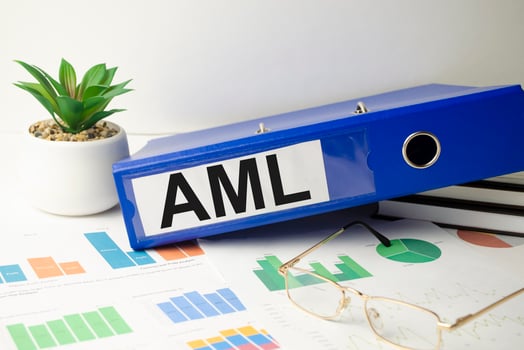 blue file folder with words take AML Anti-Money Laundering . Business concept photo