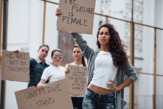 Hispanic ethnicity. Group of feminist women have protest for their rights outdoors photo