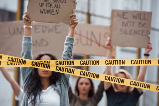 Modern feminist movement in action. Group of women have protest for their rights outdoors photo