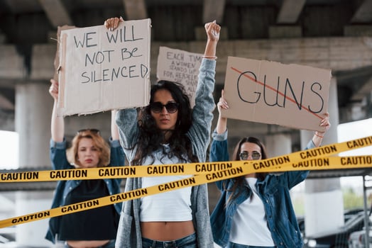 To the victory together. Group of feminist women have protest for their rights outdoors photo