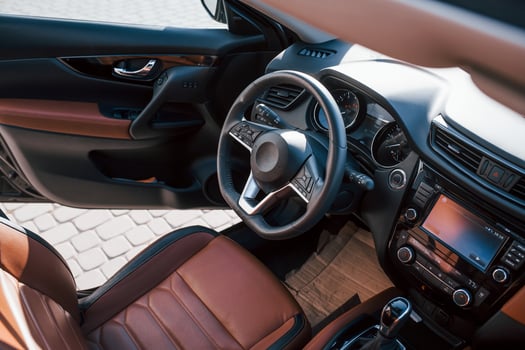 Close up detailed view of interior of brand new modern car photo