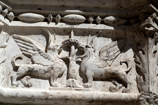 VENICE, ITALY - SEPTEMBER 15 2019 - doge ducal palace capital of column wayside sculpture detail photo
