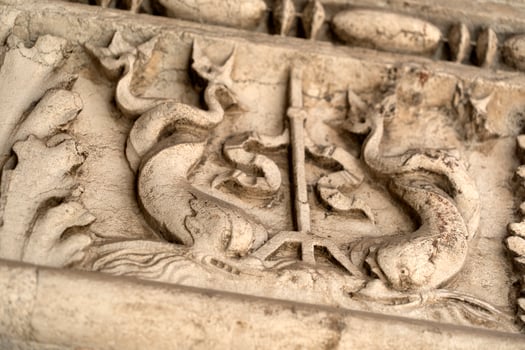 VENICE, ITALY - SEPTEMBER 15 2019 - doge ducal palace capital of column wayside sculpture detail photo