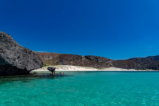 Balandra beach famous suspended mushroom rock Baja california Mexico photo