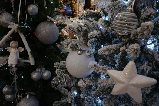 christmas tree decorations at street market photo