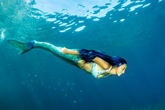 Mermaid swimming underwater in the deep blue sea photo
