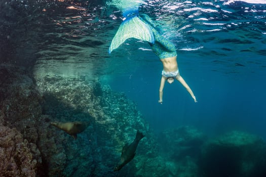 Blonde beautiful Mermaid diver underwater photo
