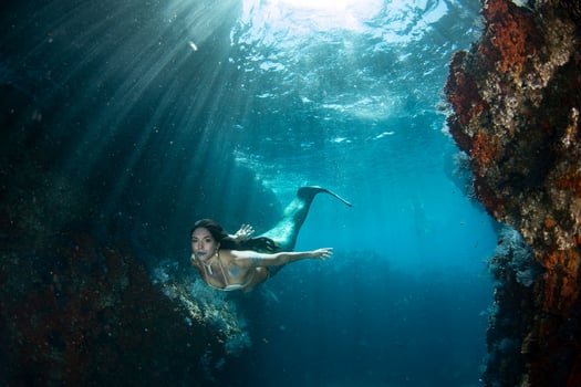 Mermaid swimming underwater in the deep blue sea photo