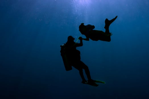 Siren Mermaid silhouette while meeting a diver underwater photo