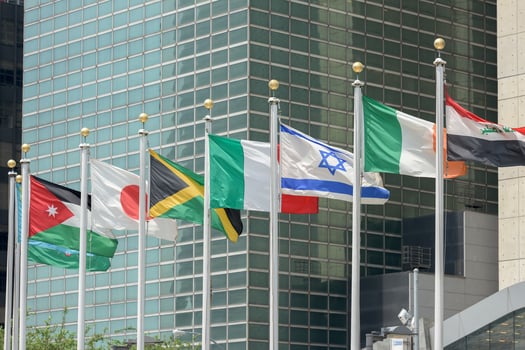 flags outside united nations building in new york photo