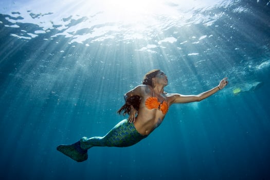 Mermaid swimming underwater in the deep blue sea photo