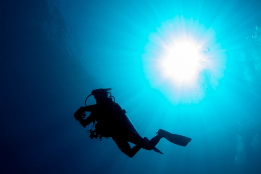 diver silhouette in the blue sea photo