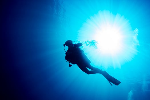 diver silhouette in the blue sea photo