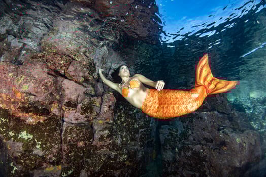 Mermaid swimming underwater in the deep blue sea photo
