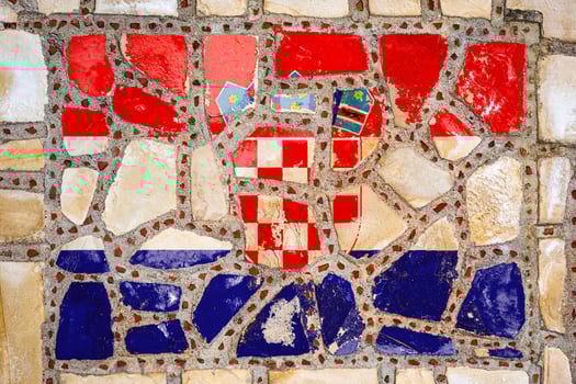 National flag of  Croatia on stone  wall background. Flag  banner on  stone texture background. photo