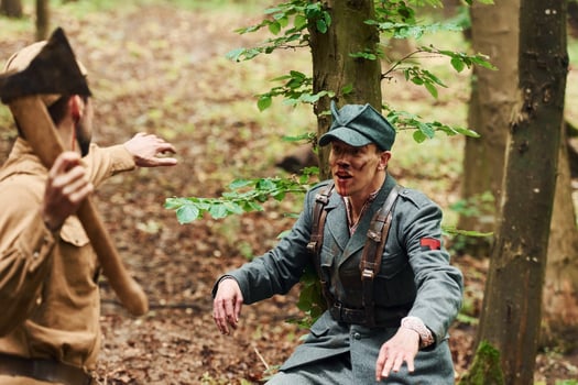 TERNOPIL, UKRAINE - June 2020 UPA Ukrainian Insurgent Army movie filming. Pictures of backstage. Fight scene with axe photo