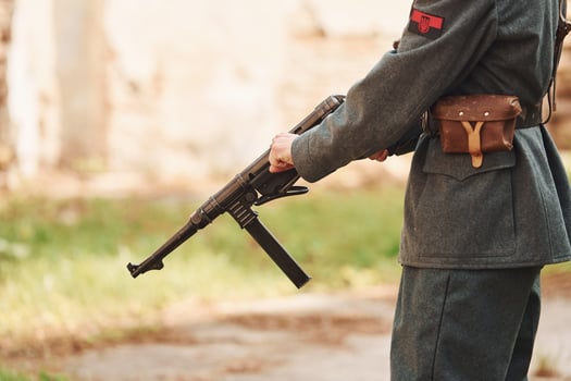 TERNOPIL, UKRAINE - June 2020 UPA Ukrainian Insurgent Army movie filming. Pictures of backstage. Close up view of young soldier with weapon photo