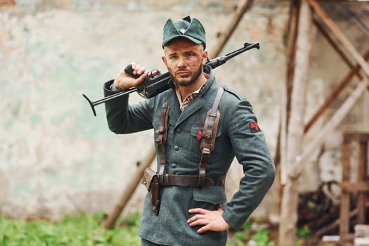 TERNOPIL, UKRAINE - June 2020 UPA Ukrainian Insurgent Army movie filming. Pictures of backstage. Young soldier with weapon photo
