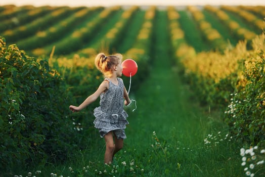 Positive little girl with red balloon in hands have fun on the field at summer day time photo
