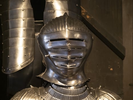 many medieval iron metal helm armor photo