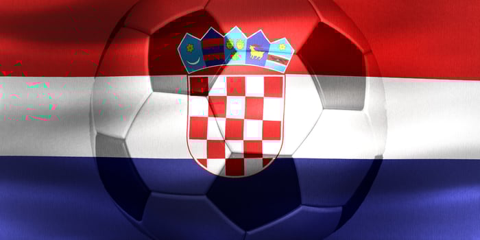 3D-Illustration of a Croatia flag with a soccer ball moving in the wind photo