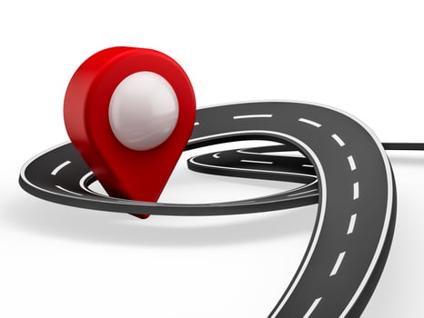 3D illustration of Map Pin with curve road isolated on white background. photo