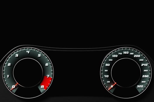 3D illustration of the dashboard of the car is illuminated by bright illumination. Circle speedometer, tachometer photo