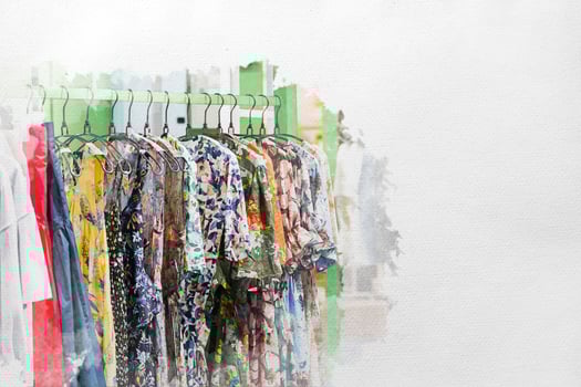 watercolour painted of Colorful flower pattern women's clothes hang on to green clothes line in the Asia - Korea fashion shop. photo