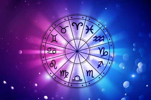 Zodiac signs inside of horoscope circle. Astrology in the sky with many stars and moons  astrology and horoscopes concept photo