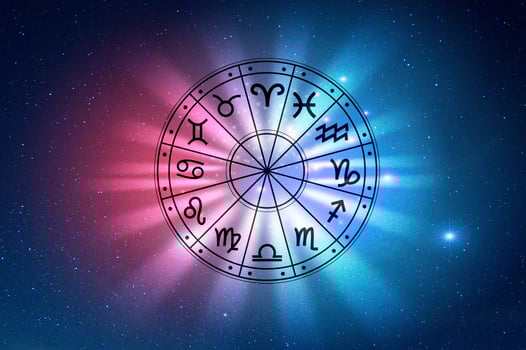 Zodiac signs inside of horoscope circle. Astrology in the sky with many stars and moons  astrology and horoscopes concept photo