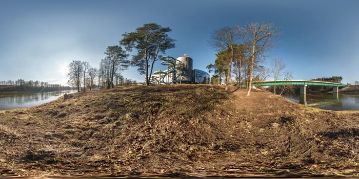 full seamless spherical panorama 360 degrees angle view on the shore of width river neman near bridge in sunny morning in equirectangular projection, ready VR AR virtual reality content photo