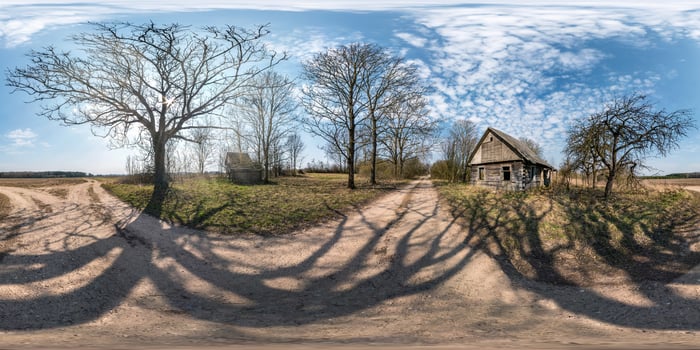 full seamless spherical hdri panorama 360 degrees angle view near abandoned wooden house in village near huge oak in equirectangular projection, ready AR VR virtual reality content photo