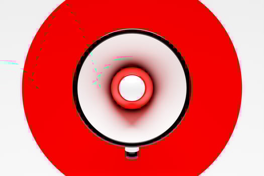 Megaphone speaker or megaphone loudspeaker, realistic 3d illustration. Modern isolated megaphone loudspeaker with buzzer and handle, lifeguard emergency signal and speakerphone for announcements photo