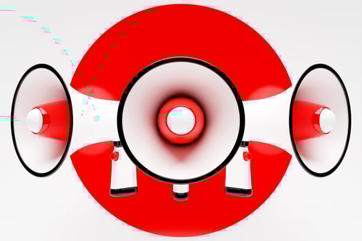 Megaphone speaker or megaphone loudspeaker, realistic 3d illustration. Modern isolated megaphone loudspeaker with buzzer and handle, lifeguard emergency signal and speakerphone for announcements photo
