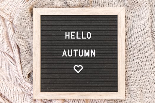 Autumnal Background. Black letter board with text phrase Hello Autumn lying on white knitted sweater. Top view, flat lay. Thanksgiving banner. Hygge mood cold weather concept photo