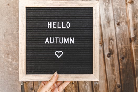 Autumnal Background. Woman hand holding black letter board with text phrase Hello Autumn on wooden palnks backdrop. Thanksgiving banner. Hygge mood, cold weather concept photo