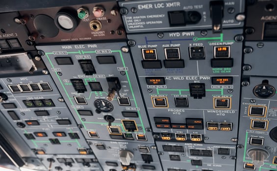 Control panel. Close up focused view of airplane cockpit photo