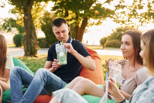 Beautiful sunlight. Group of young people have a party in the park at summer daytime photo