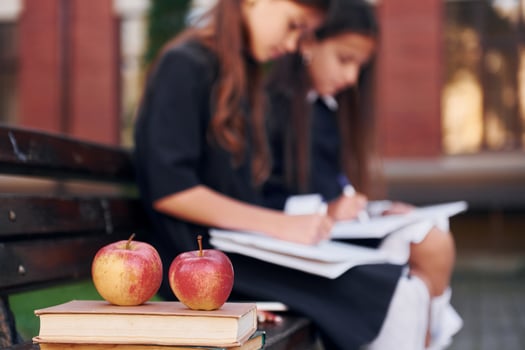 Books and apples. Two schoolgirls is outside together near school building photo