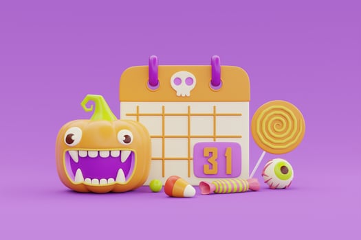 Happy Halloween with calendar, Jack-o-Lantern pumpkins, colorful candies on purple background, traditional october holiday, 3d rendering. photo